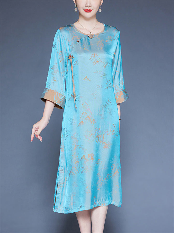 Women's Mountain Print Contrast Trim O-neck 3/4 Sleeve Dress