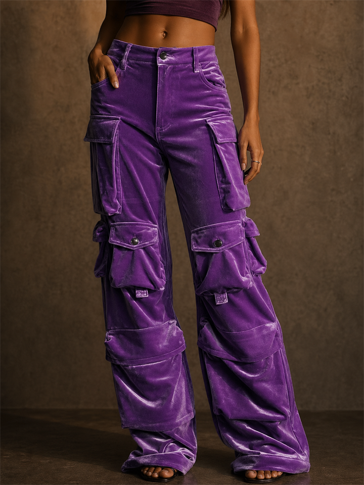 Women's Y2K Purple Velvet Multi Pocket Wide Leg Cargo Pants