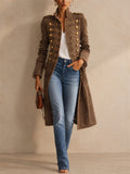 Women Military Button Long Jacket Slim Fit Denim Trench Coat