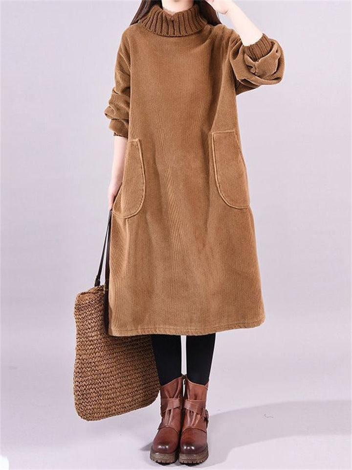 Female Leisure Turtleneck Plush Lining Corduroy Midi Dress