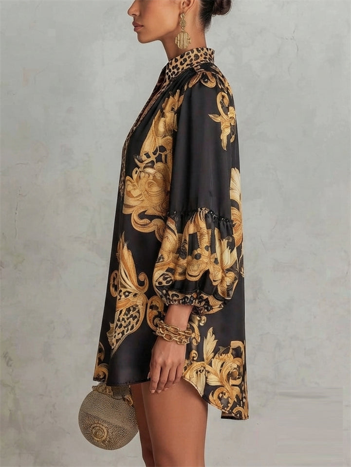 Women Baroque Leopard Print V Neck Lantern Sleeve Mini Dress