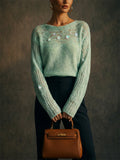 Womens Sequin Pointelle Knit Sweater Fuzzy Open Work Top