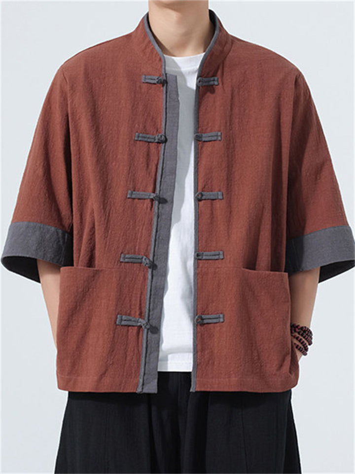 Men's Chinese Style Color Block Short Sleeve Tang Suit Kung Fu Shirts