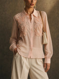 Women Pink 3D Floral Sheer Long Sleeve Chiffon Button Blouse