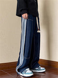 Men's Patchwork Elastic Waist Drawstring Wide-Leg Straight Jeans