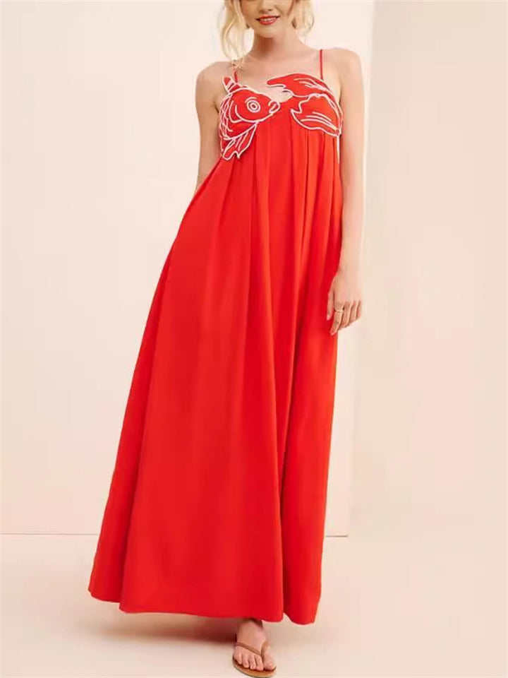 Women's Summer Red 3D Fish Embroidery Loose Strap Dress