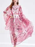 Women's Elegant Round Neck Print Flare Sleeve Maxi Dress