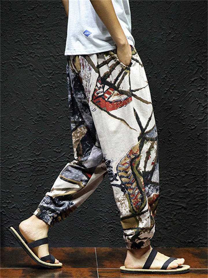 Men's Cotton Linen Print Drawstring Jogger Pants