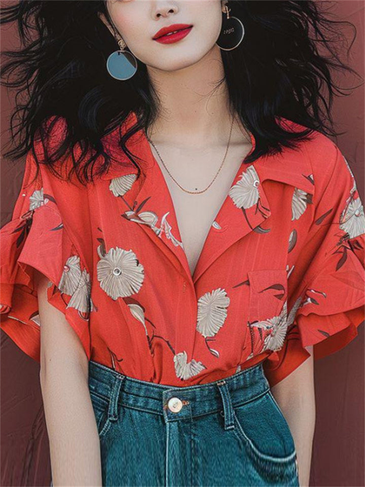 Female Summer Red Floral Print V-Neck Ruffled Sleeve Shirt