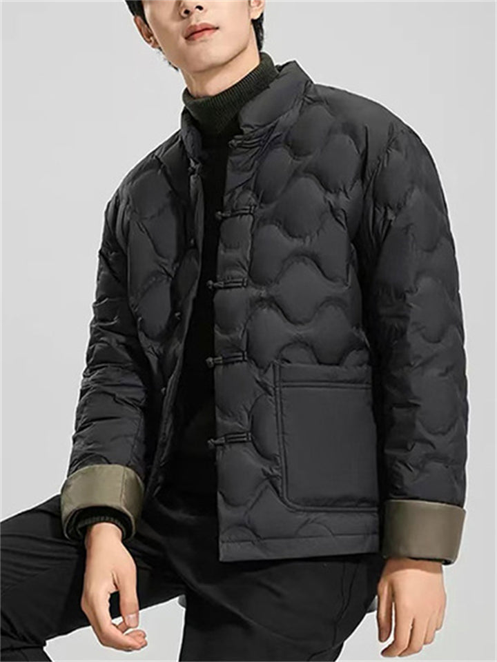 Men's Contrast Cuff Lightweight Black Stand Collar Chinese Knot Down Coat