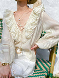 French Style Women's Ruffled V-Neck Tencel Long Sleeve Shirt