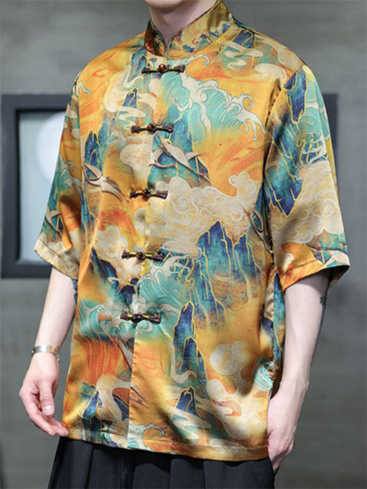 Men's Cool Chinese Style Print Stand Collar Tang Suit Shirts