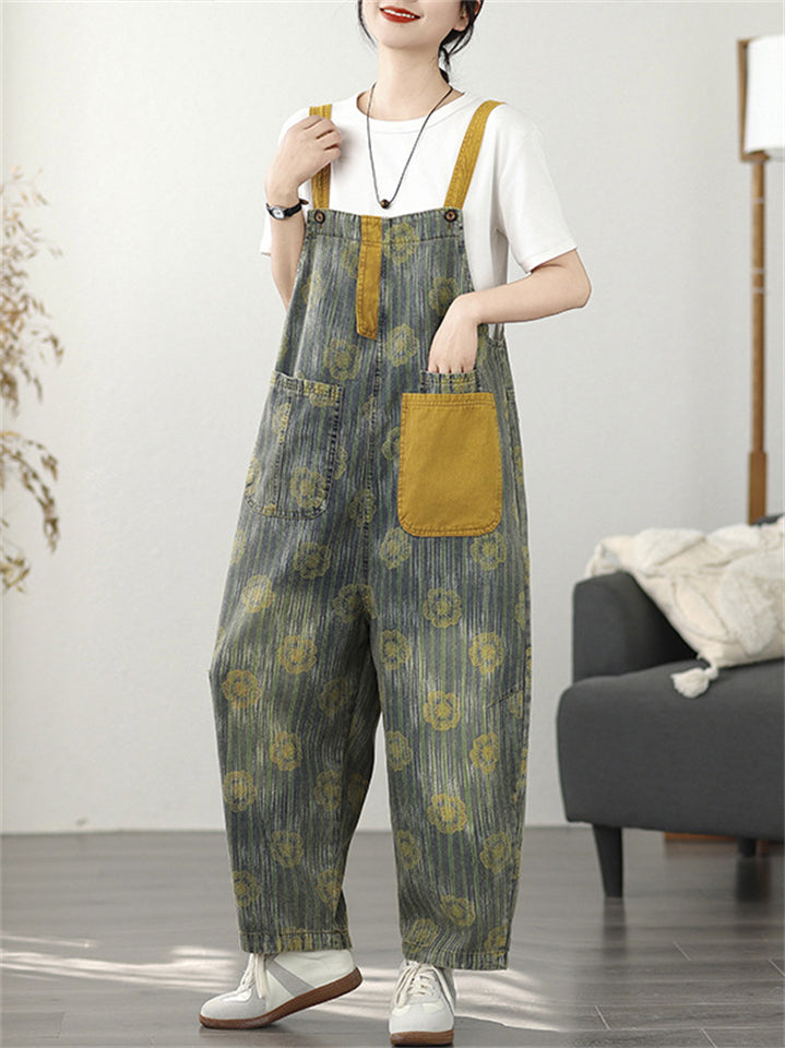 Women's Contrast Color Print Pockets Overall Denim Jumpsuits