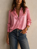 Womens Striped Glossy Button Down Long Sleeve Blouse