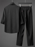 Men's 2Pcs V Neck Stand Collar Half Sleeve Solid Color Outfits