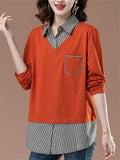 Women's Loose Cotton Contrast Color Patchwork Long Sleeve Shirts