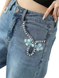 Women's High Waist Peacock Embroidery Denim Pants