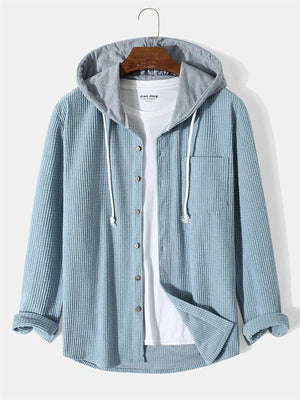 Men's Contrast Color Waffle Pattern Button Up Pocket Hooded Shirts