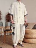 Chinese Ethnic Style Button Linen Tops and Wide Leg Pants Set for Men