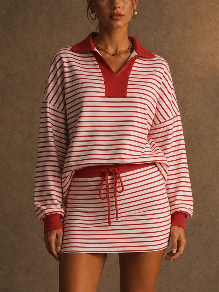 Women Striped Knit 2 Piece Set Polo Top and Mini Skirt