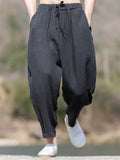 Men's Solid Color Linen Wide Leg Drawstring Cropped Pants