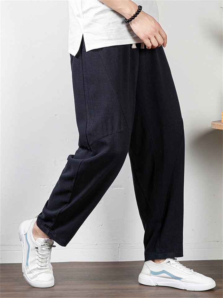 Men's Plus Size Summer Retro Solid Color Drawstring Pants