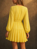 Women French Style Yellow Long Sleeve Braided Belt Tiered Mini Dress
