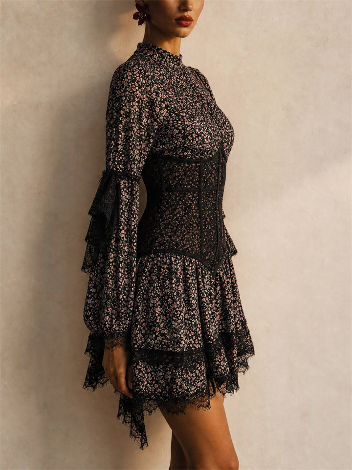 Women Gothic Vintage Floral Lace Up Corset Mini Dress