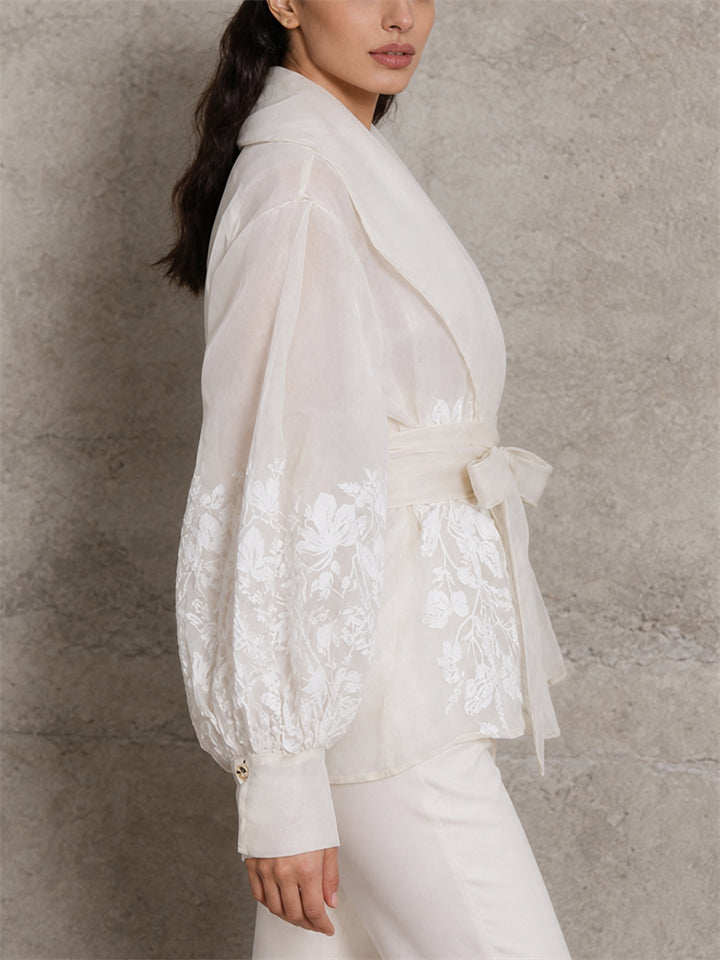 Women Sheer Floral Embroidered Wrap Blouse Lantern Sleeve Top