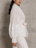 Women Sheer Floral Embroidered Wrap Blouse Lantern Sleeve Top