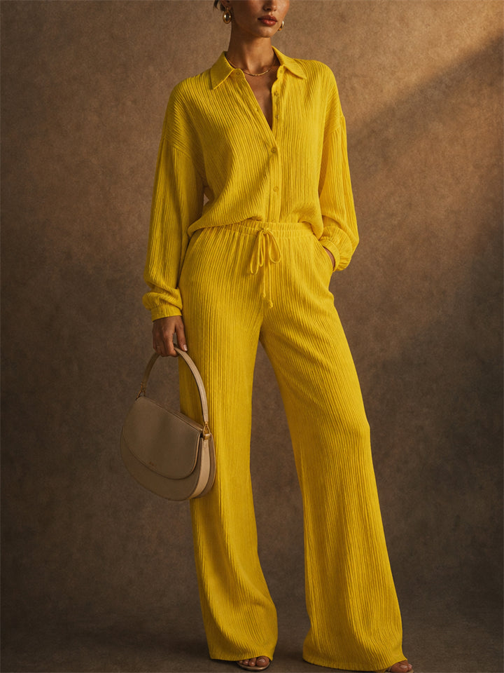 Women Casual Pleated 2 Piece Button Down Shirt and Wide Leg Pants Set