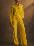 Women Casual Pleated 2 Piece Button Down Shirt and Wide Leg Pants Set