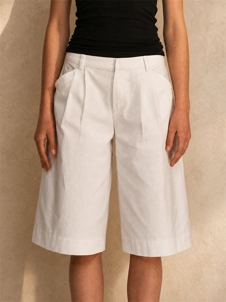 Womens Cotton High Waist Wide Leg Pleated Bermuda Shorts