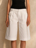 Womens Cotton High Waist Wide Leg Pleated Bermuda Shorts