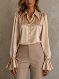 Women Satin Silk Blouse Ruffle Cuff Long Sleeve Office Top
