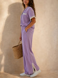 Women Lace Trim 2 Piece Button Down Shirt Wide Leg Pants Set