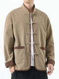 Men's Corduroy Chinese Style Tang Mandarin Collar Jacket with Contrast Trim