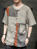 Men's Chinese Style Contrast Color Pockets Round Neck Shirts
