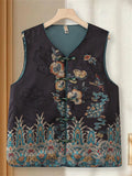 Women Chinese Style Landscape Print Satin TangSuit Vest