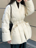 Women's Chic V Neck Tie-Waist Wrap White Duck Down Coat