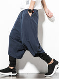 Men's Cotton Linen Solid Color Drop Crotch Capri Pants