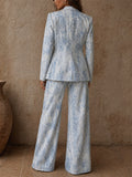 Women's Vintage Marble Print 2 Piece Blazer and Wide Leg Pants Set