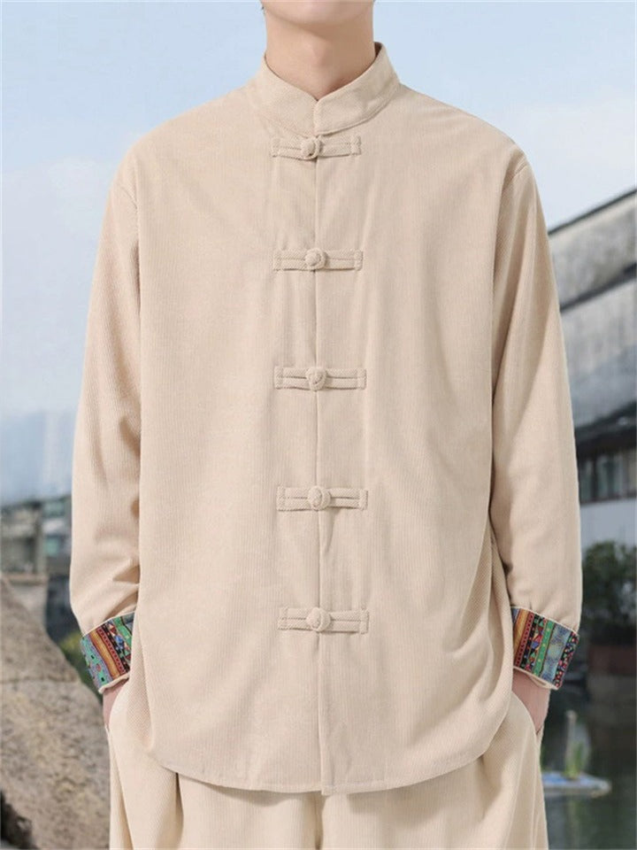 ‌Men's Chinese Style Printed Corduroy Stand Collar Buttons Jackets