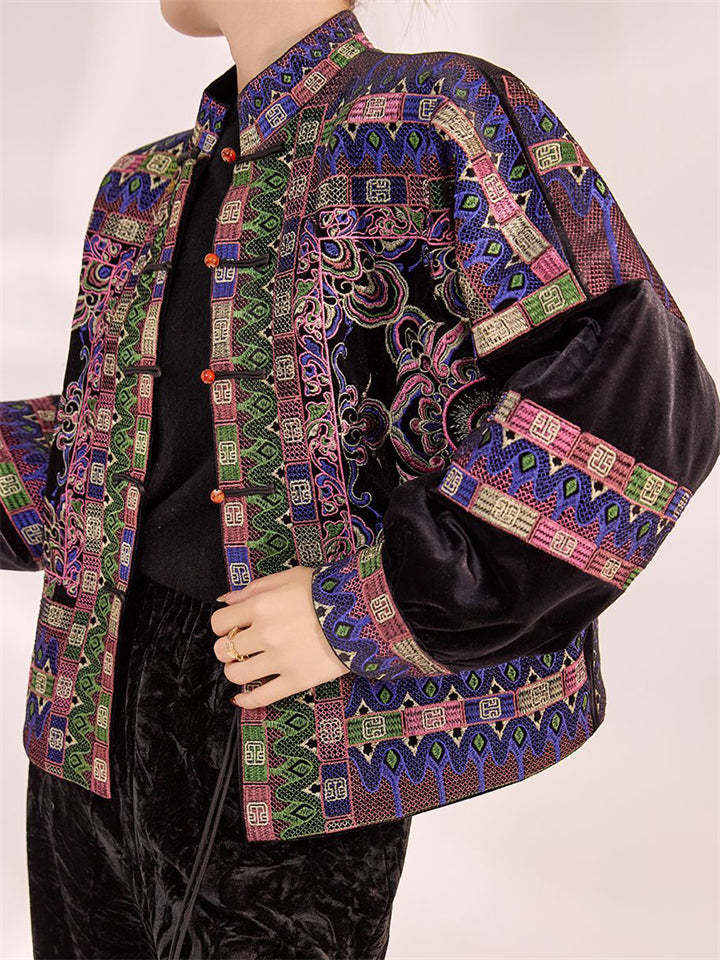 Women's Long Sleeve Geometric Pattern Embroidered Cotton-padded Jacket