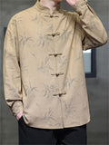 Men Chinese Style Long Sleeve Stand Collar Bamboo Print Tangsuit Shirts