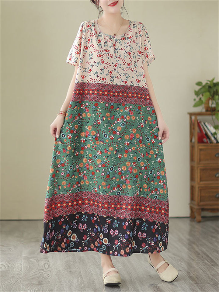 Ladies Floral Print Splicing Dress for Seaside Vacations