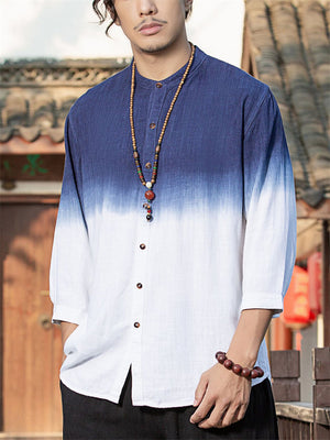 Men's Casual Linen Tie-dye Contrast Color 3/4 Sleeve Shirts