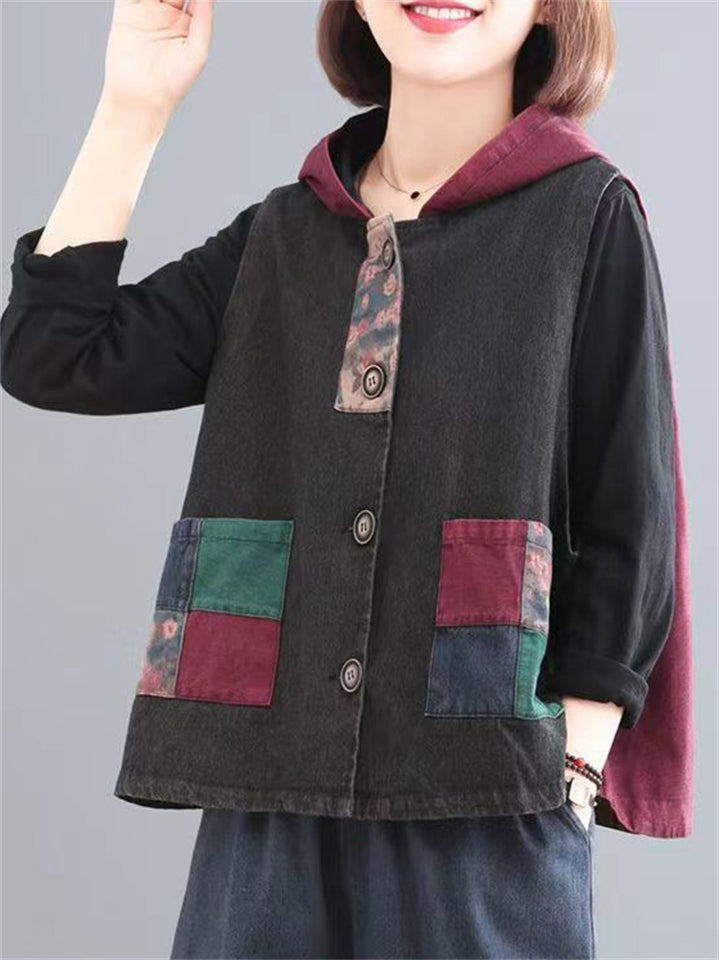 Women's Retro Patchwork Sleeveless Hooded Jackets
