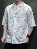 Men Chinese Style Short Sleeve V Neck Bamboo Print Shirt with Button Detail