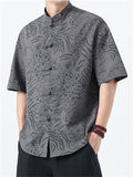 Men's Chinese Style Jacquard Loose Stand Collar Summer Short Sleeve Shirts